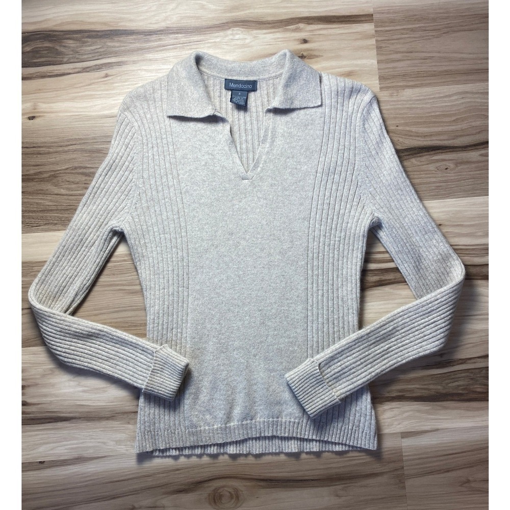 Mendocino 100% Cashmere Ribbed Polo Sweater Beige V-Neck Long Sleeve Small